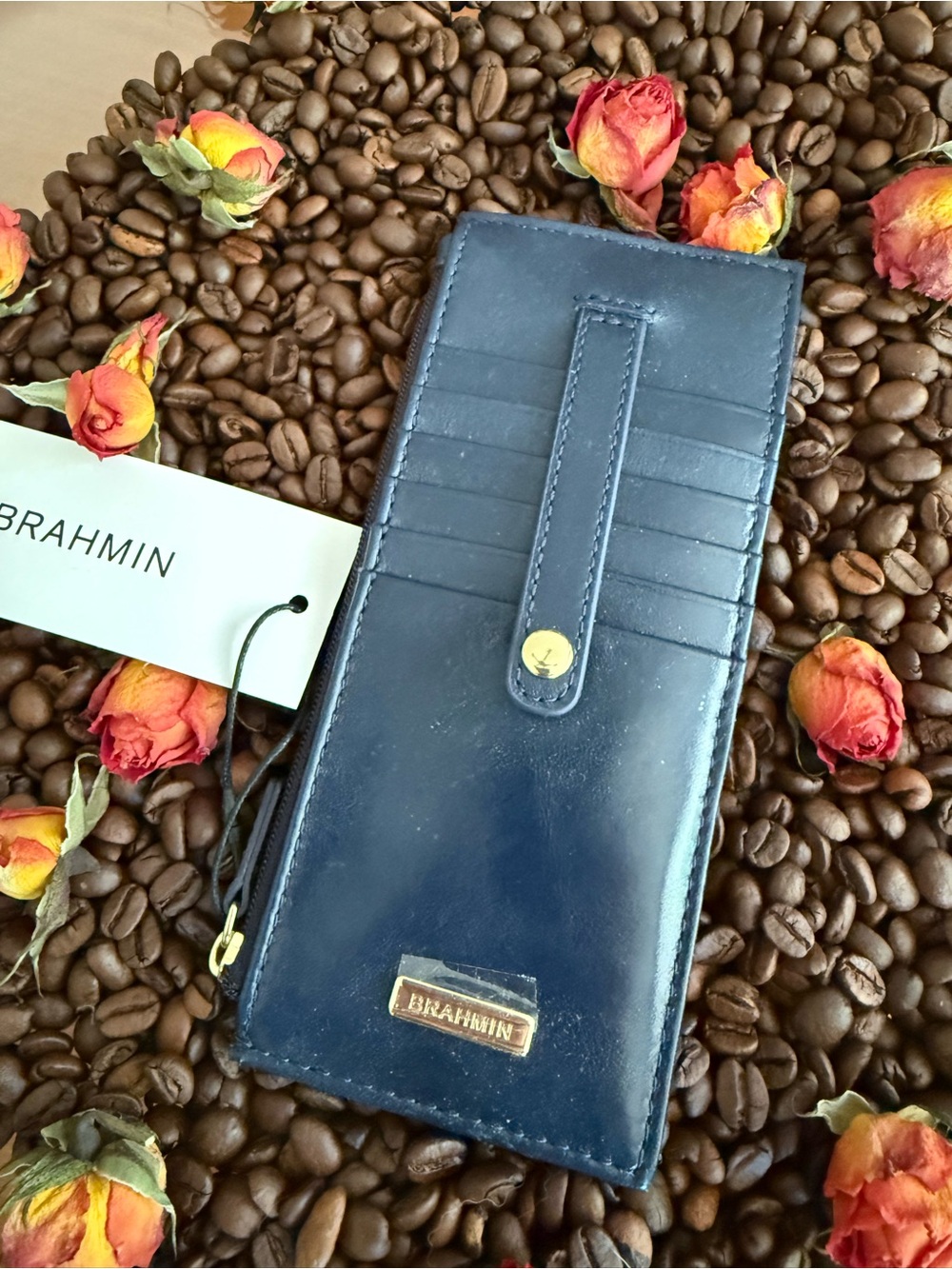 Brahmin Dark Blue Leather Card Holder with Strap